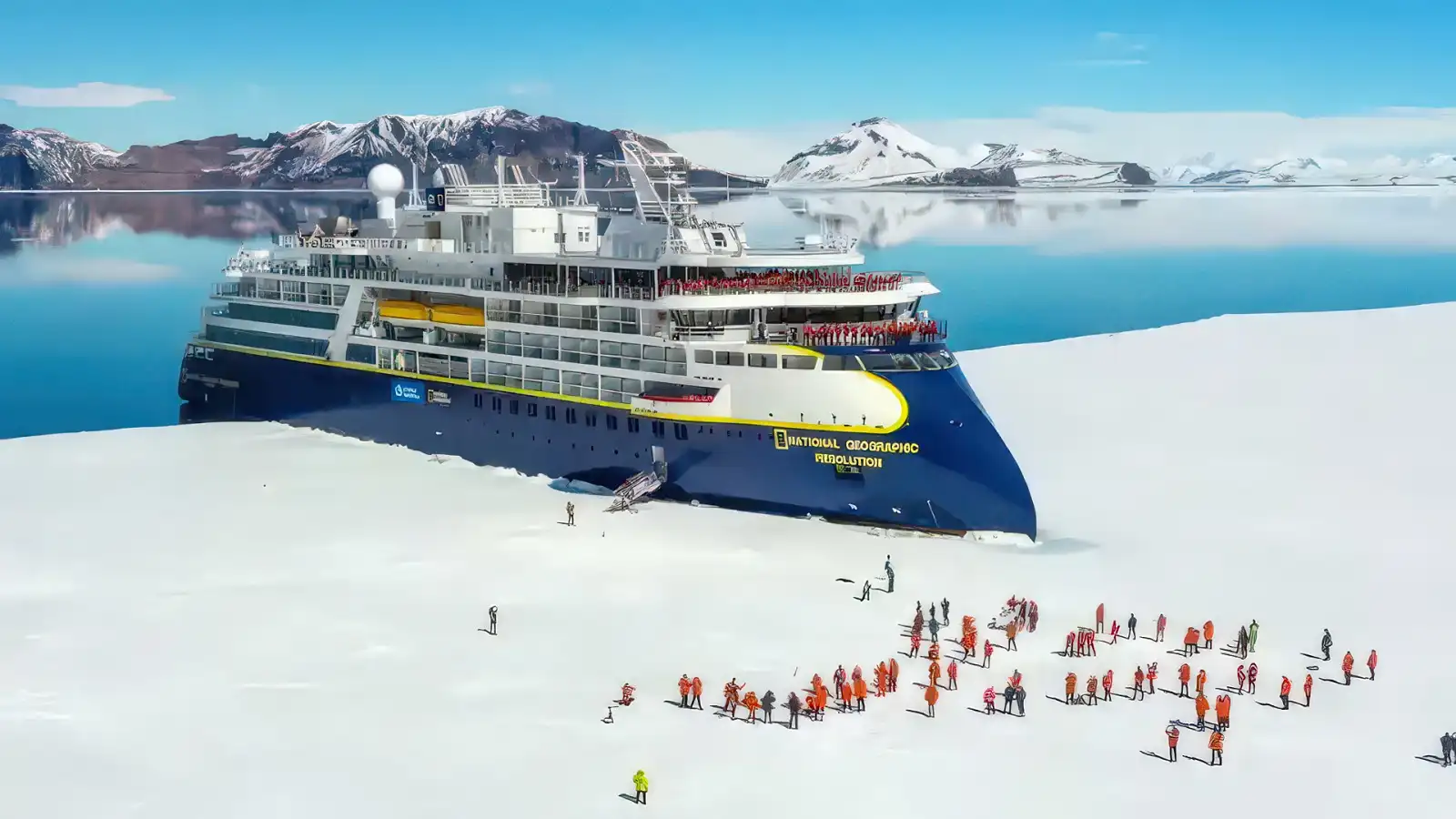 A Lindblad expedition ship pushing through polar ice under a bright sky
