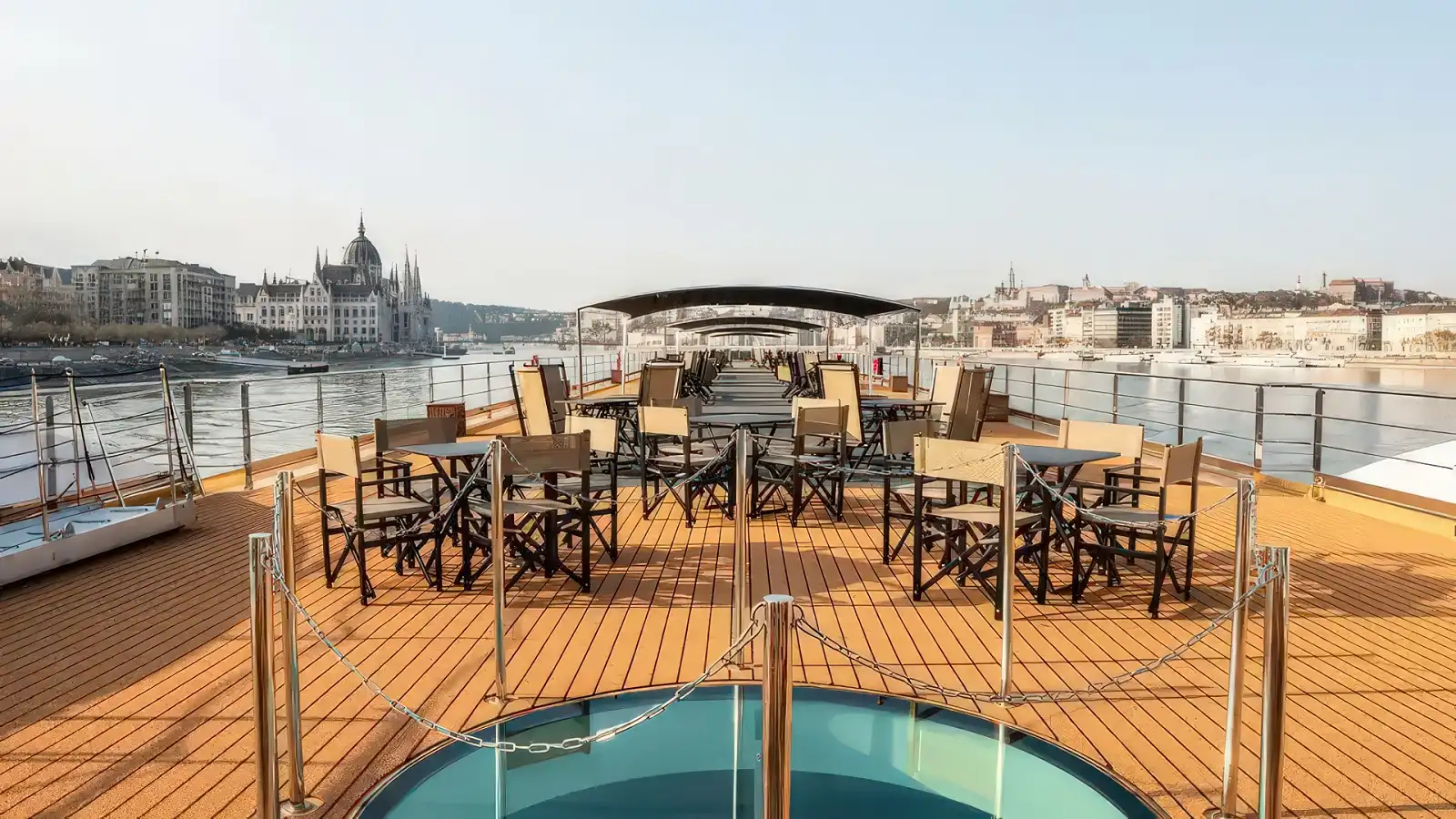 The open sun deck of an Avalon Waterways ship on a bright day