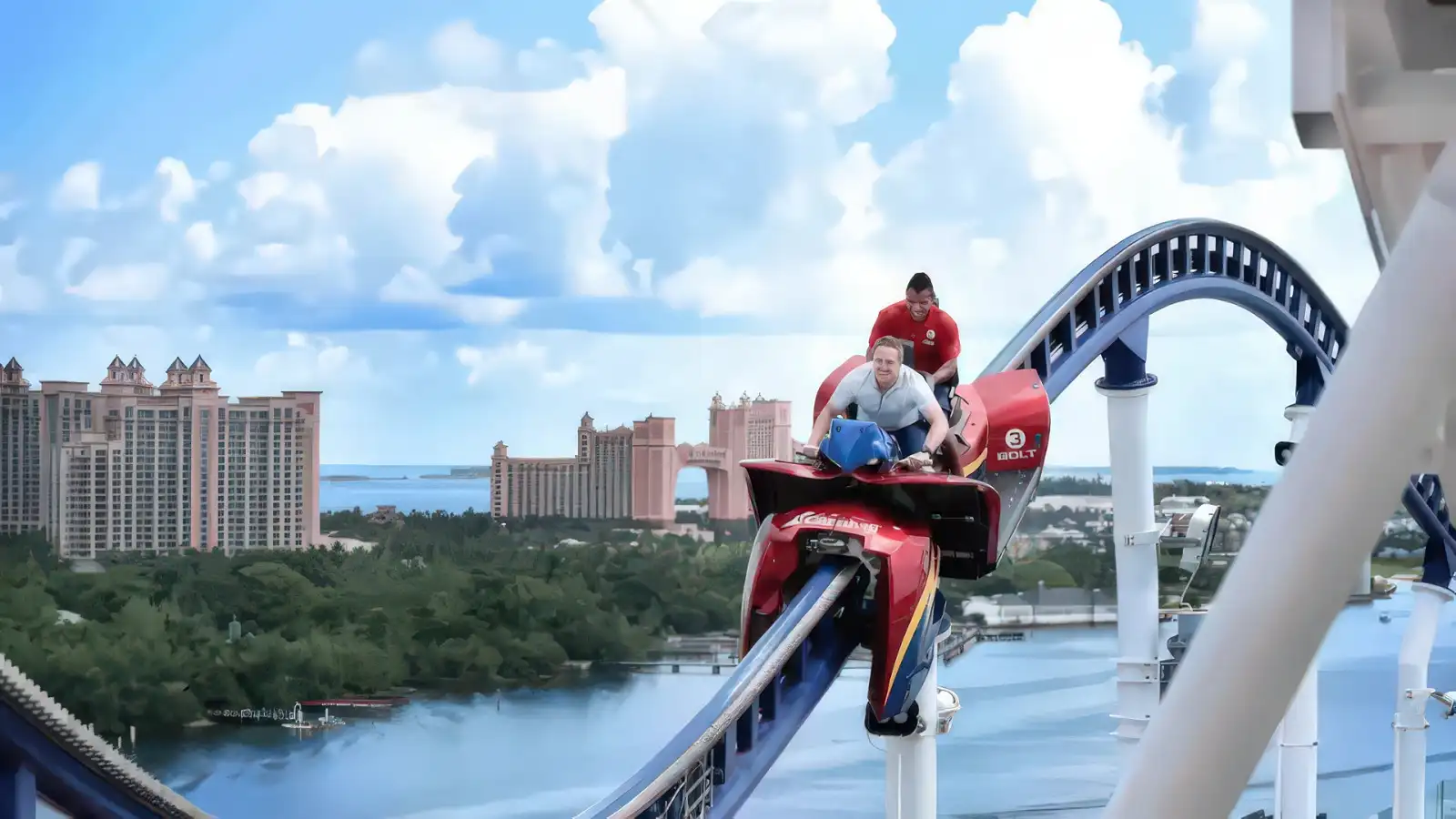 Roller coaster track running along the top deck of a Carnival ship