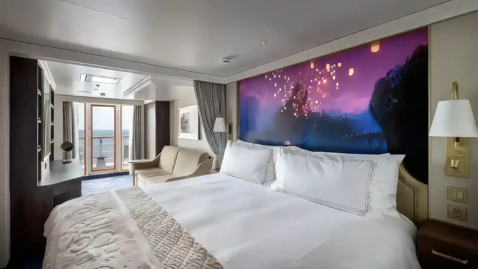 A Disney Cruise Line stateroom arranged for a family