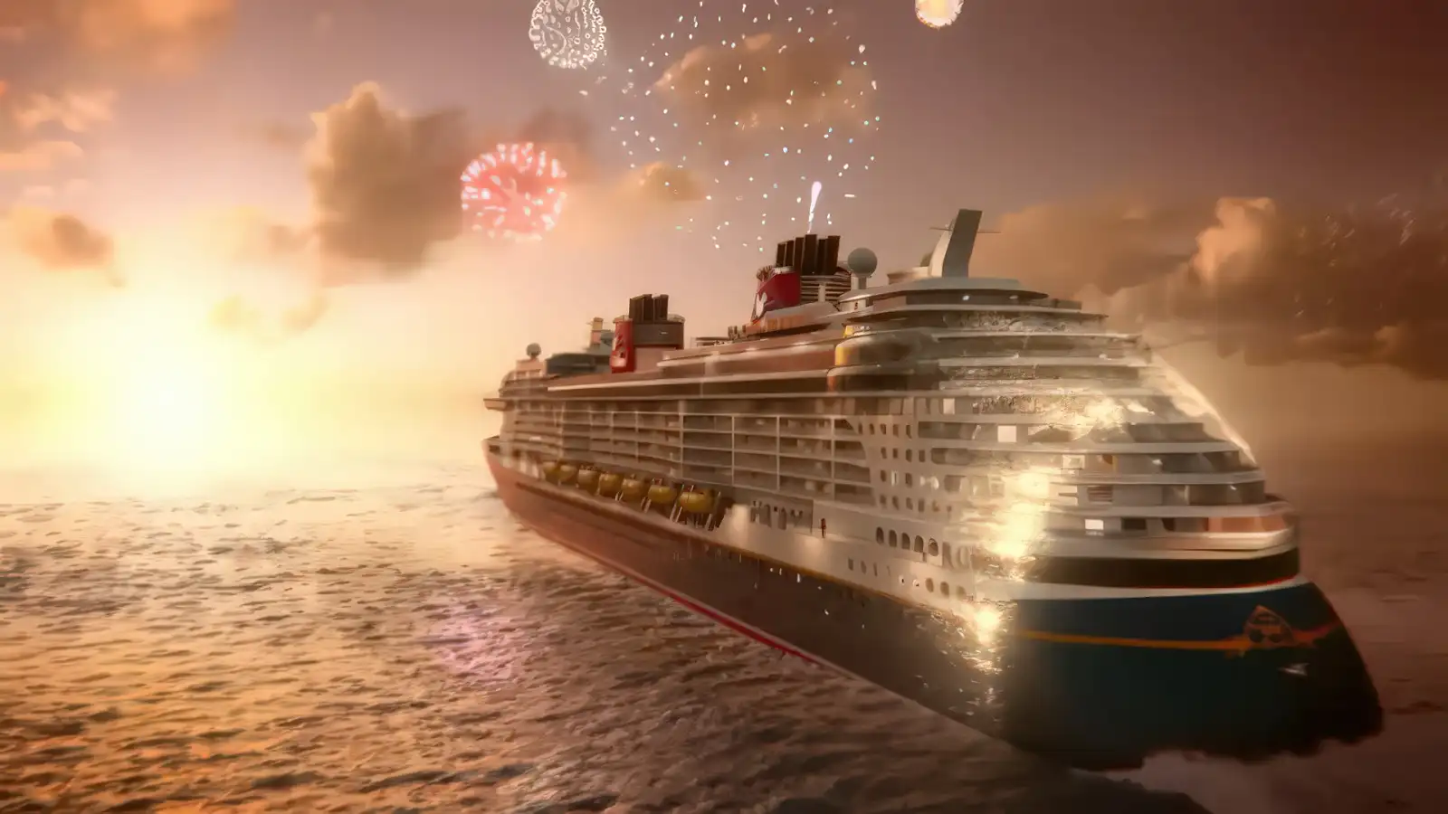 A Disney Cruise Line ship with its classic red, white and black profile