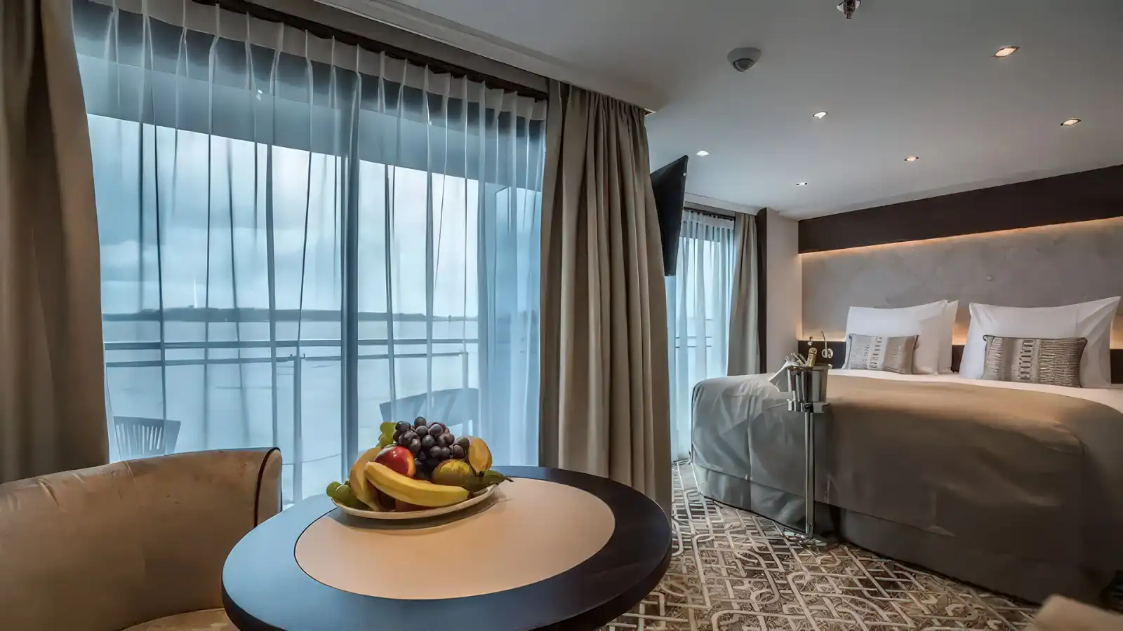 A river-view stateroom aboard a Riviera River Cruises ship