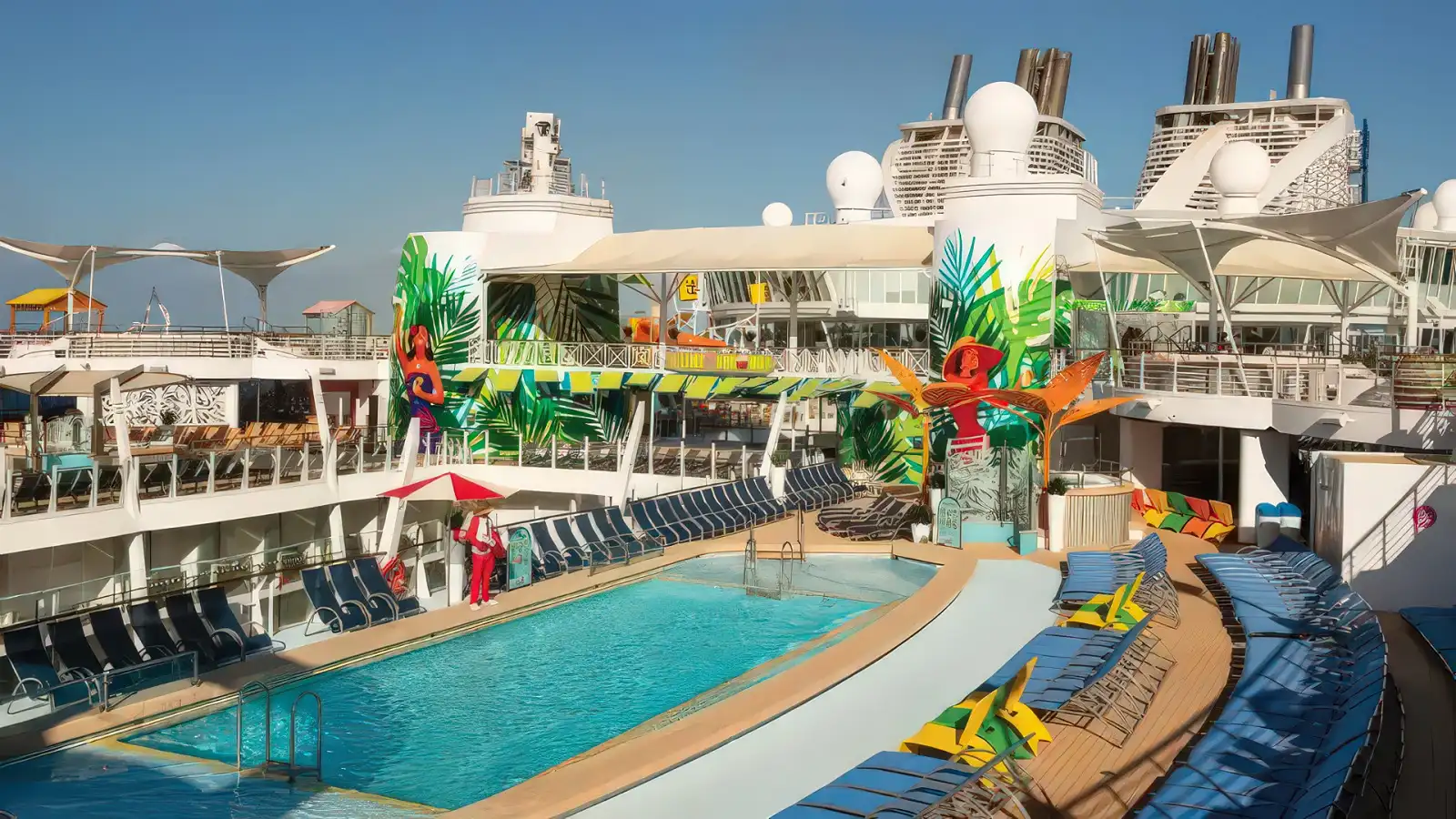 A busy Royal Caribbean pool deck on a sunny day