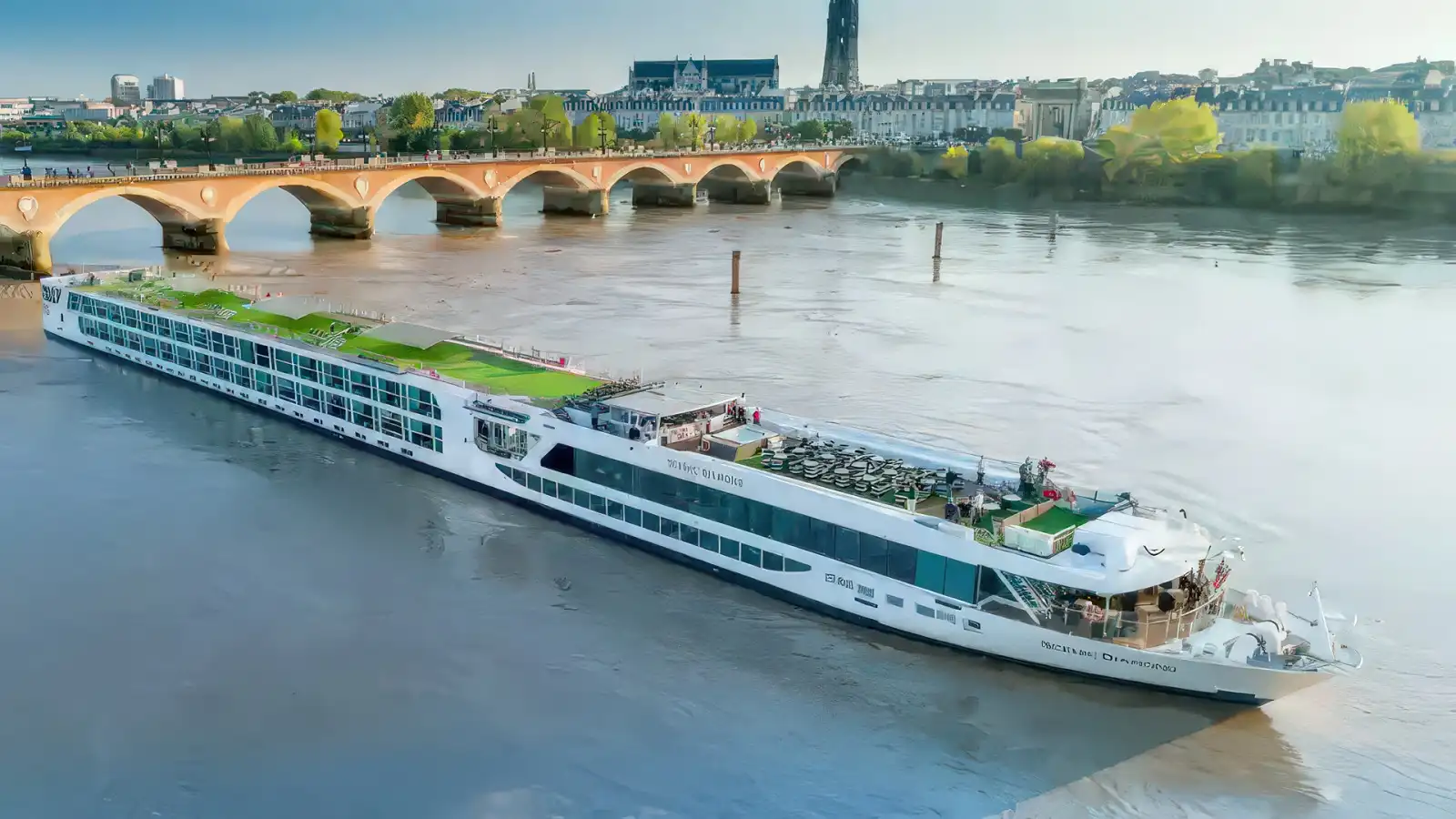 A Scenic Space-Ship moored on a European river at golden hour