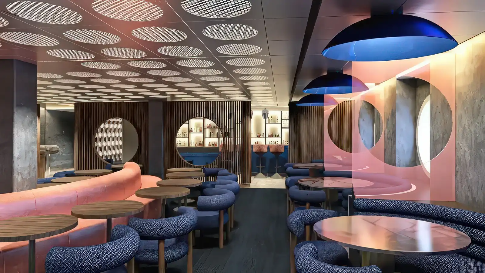 A lively themed restaurant aboard a Virgin Voyages ship