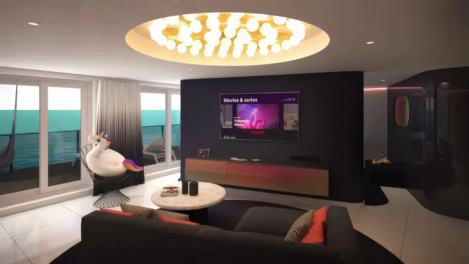 A design-forward cabin aboard a Virgin Voyages Lady ship