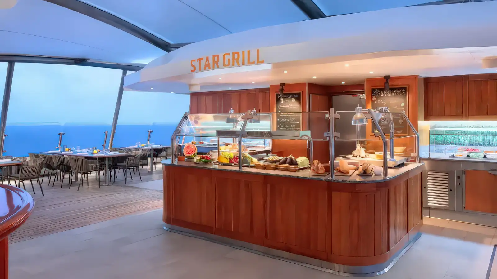 An open-air grill restaurant on the deck of a Windstar yacht