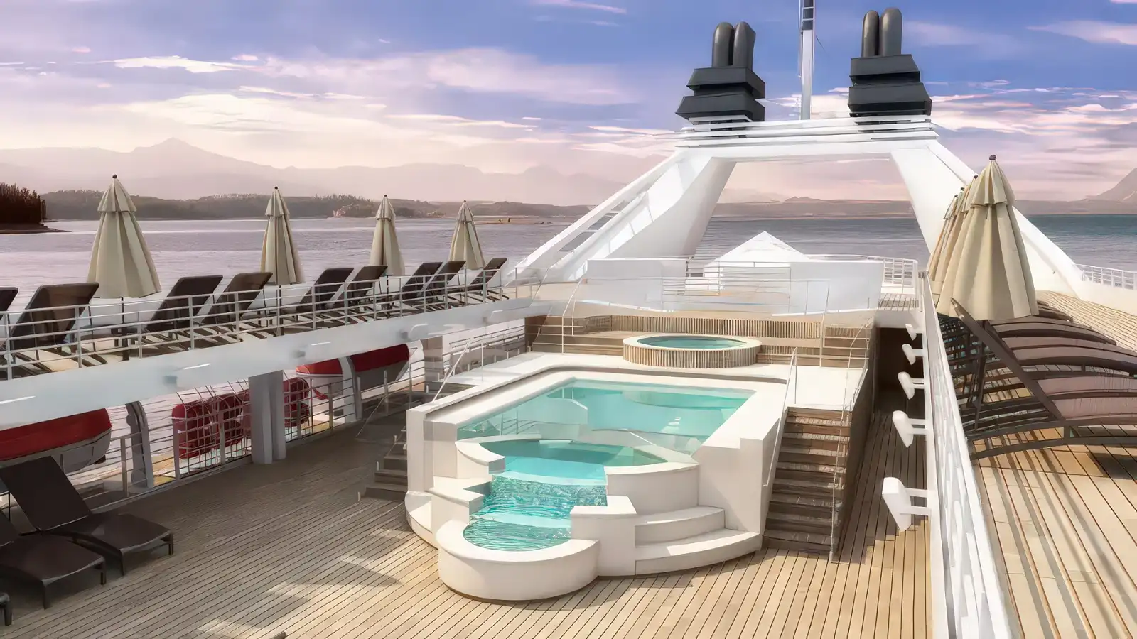 The compact pool and sun deck aboard a Windstar yacht