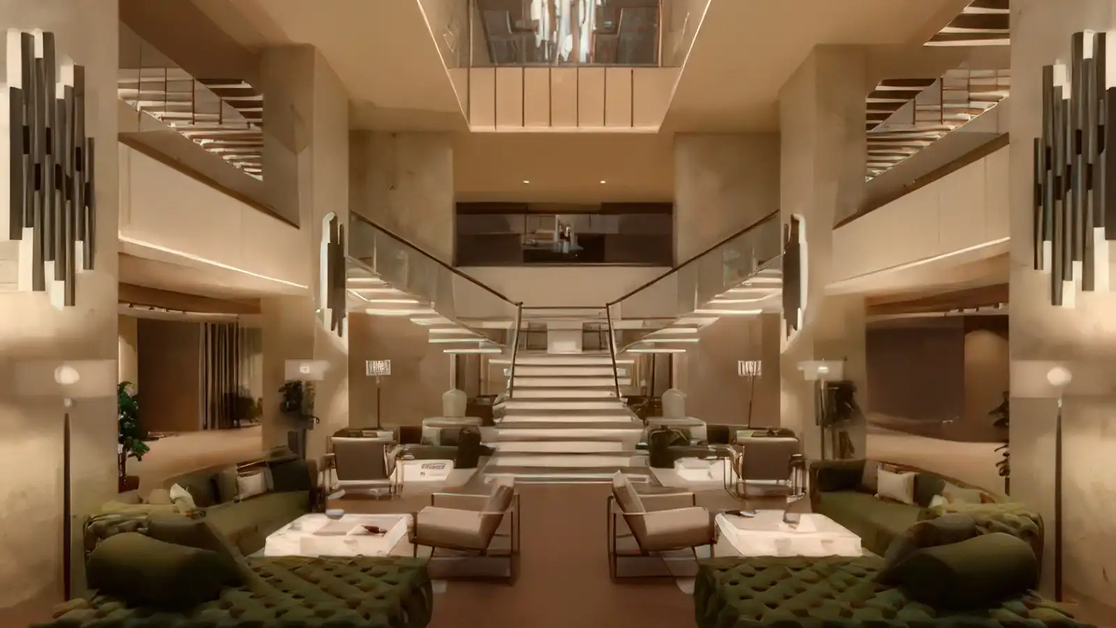 The calm, contemporary lobby aboard an Explora Journeys ship