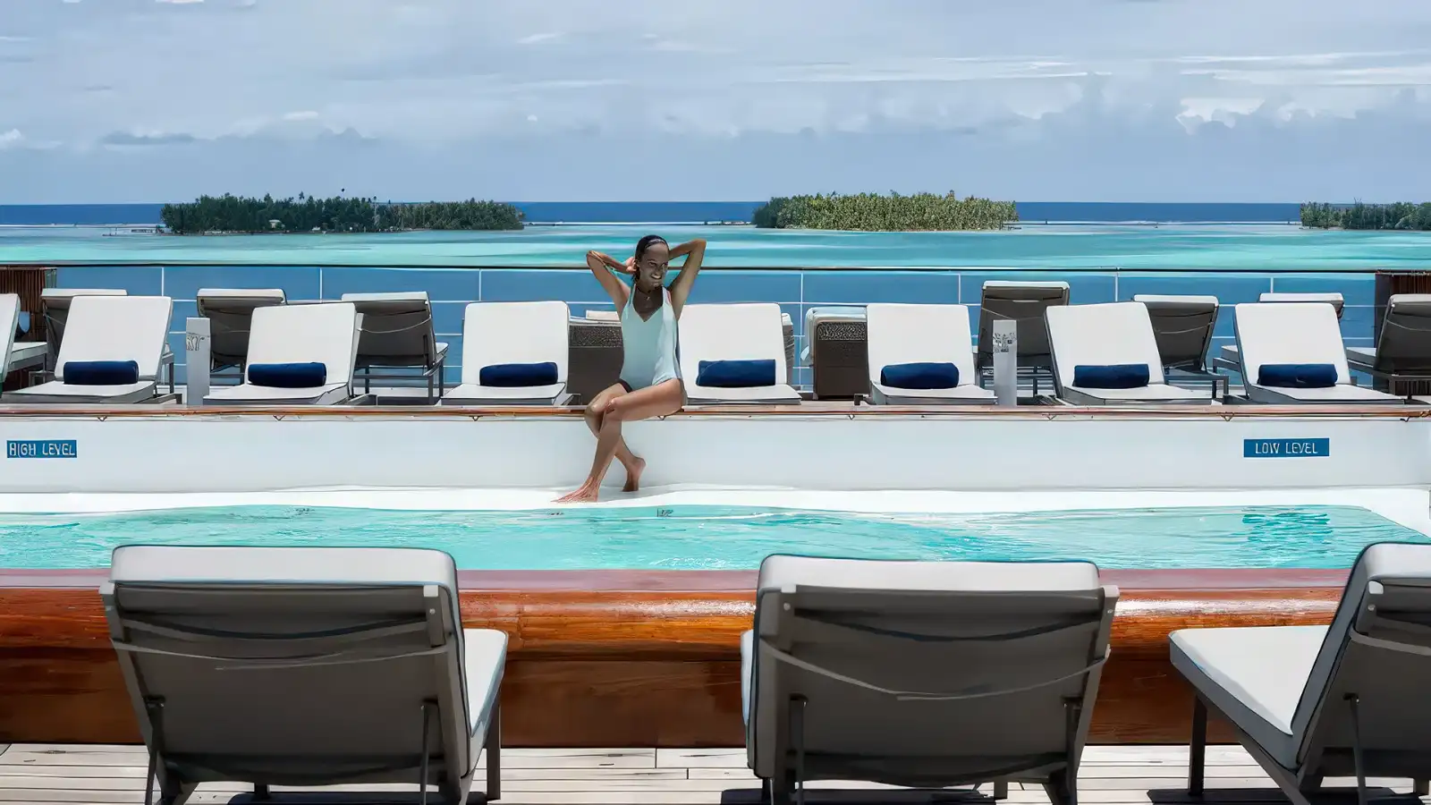 The sun-lit pool deck of the m/s Paul Gauguin