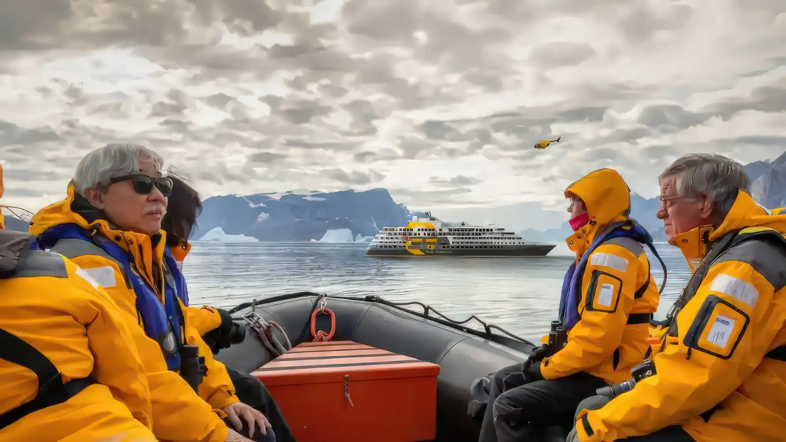 A Quark Expeditions Zodiac carrying guests past a wall of polar ice