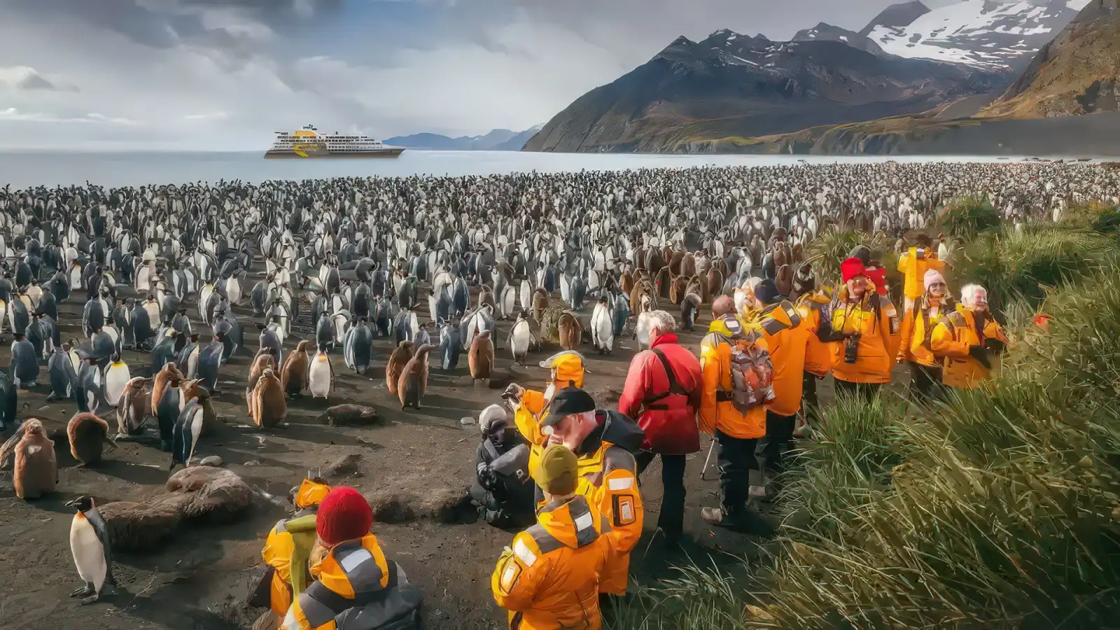 Penguins gathered on the shore during a Quark Antarctic landing