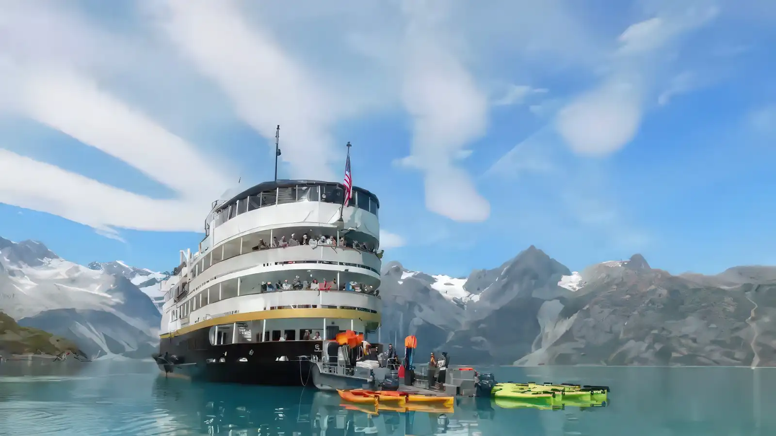 A small UnCruise Adventures ship anchored in a quiet coastal cove