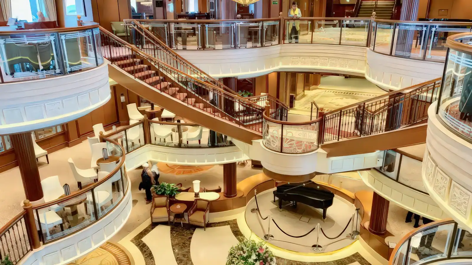 The soaring Grand Lobby atrium of a Cunard Queen