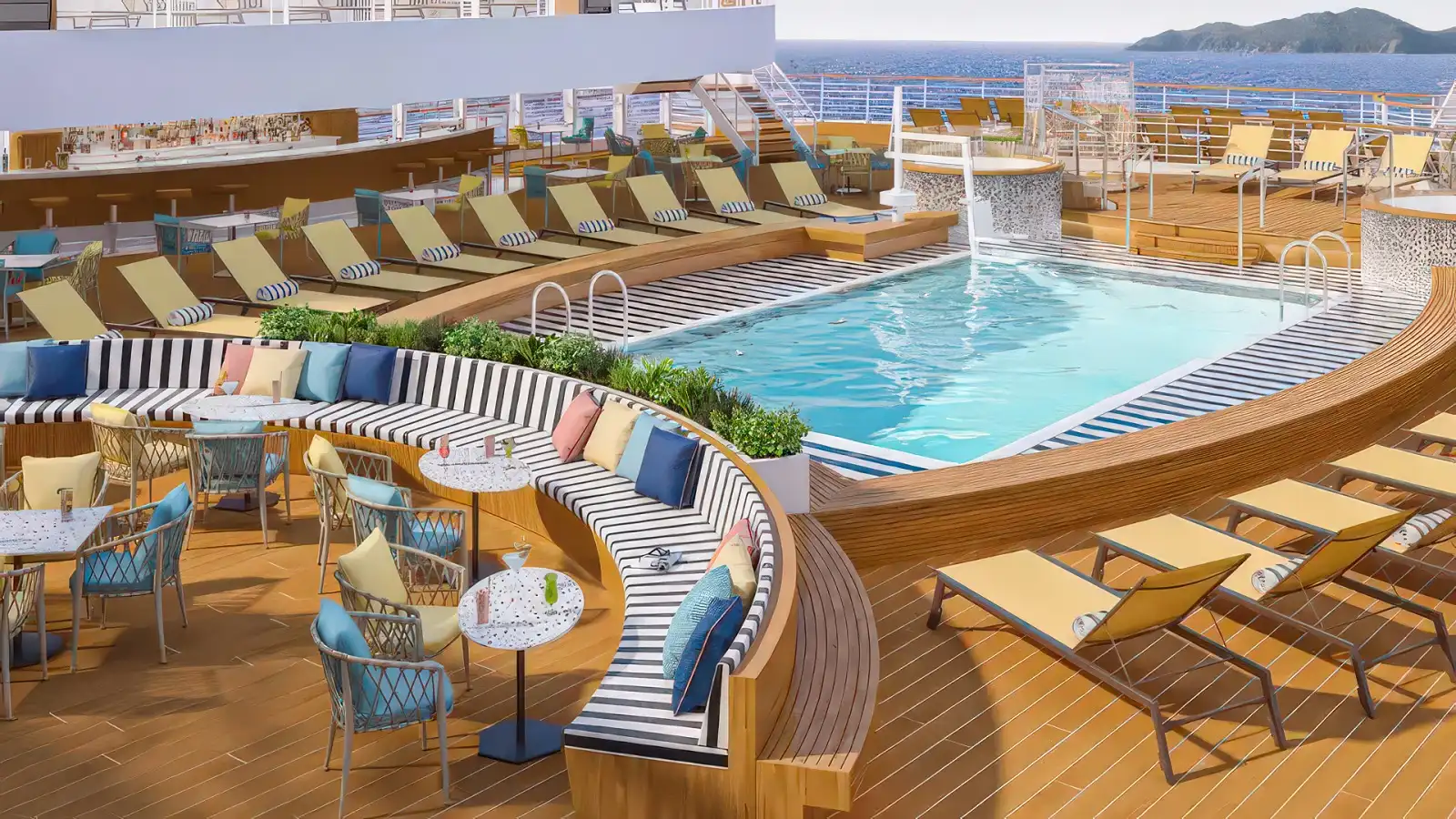 The pool deck aboard Cunard Queen Anne under an open sky