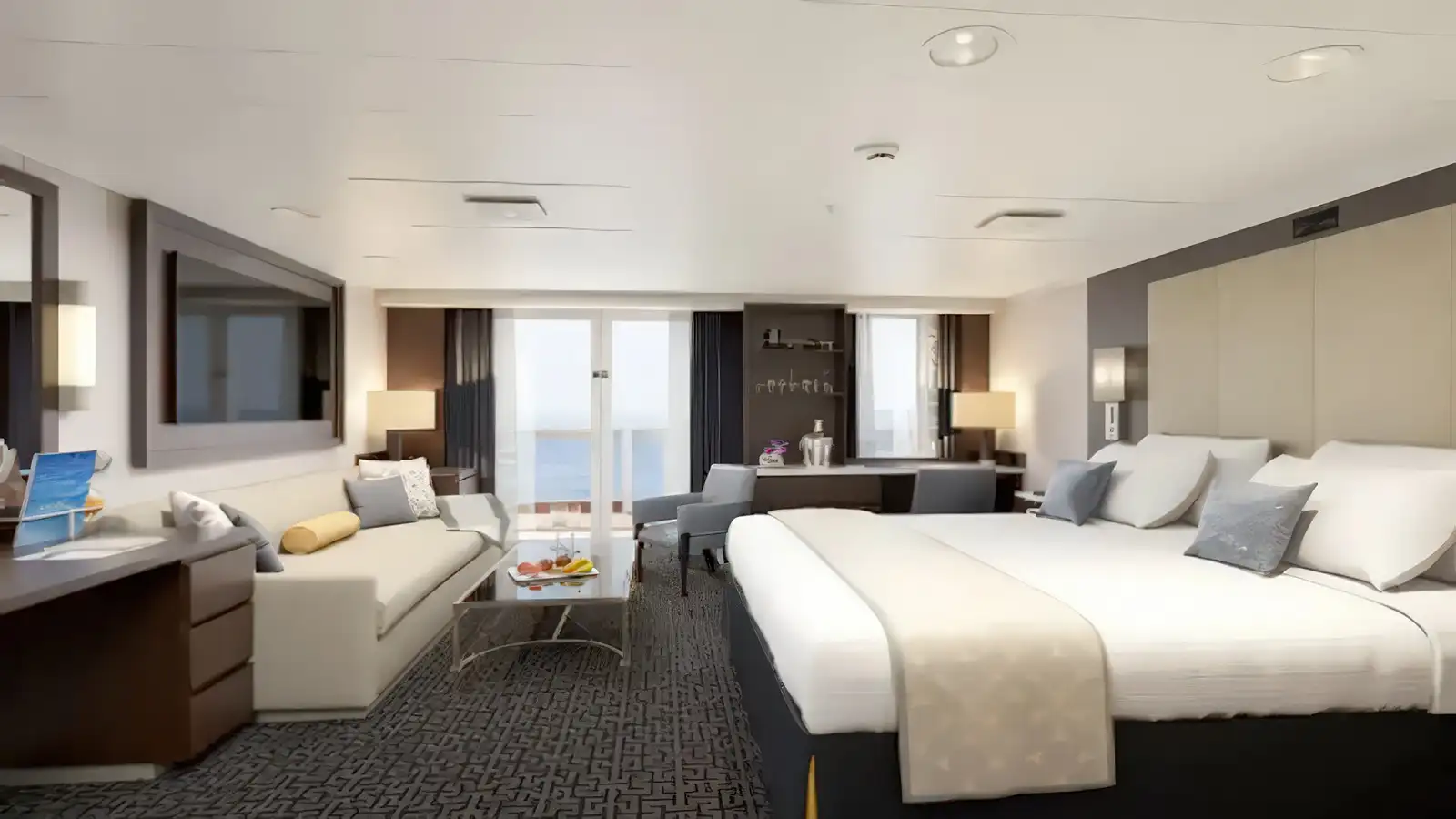 A Holland America suite with a private veranda and sitting area