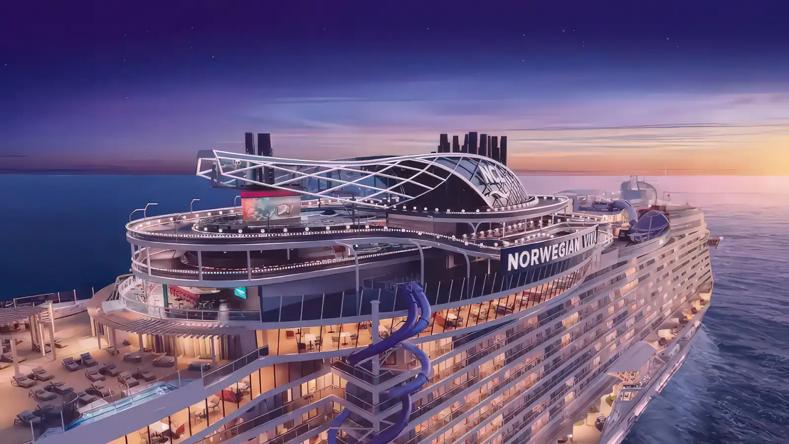 A Norwegian top-deck venue lit up at night
