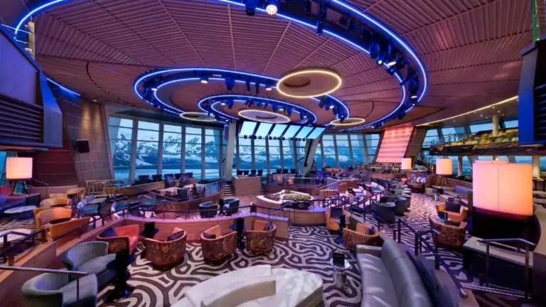 A dramatic multi-level ship lounge