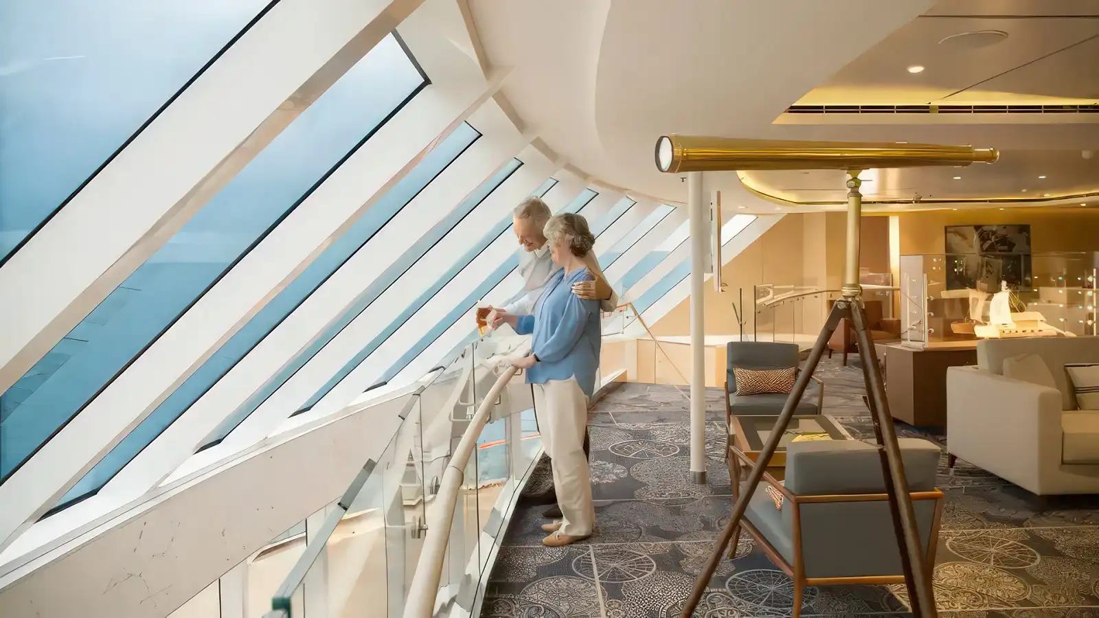 The Explorers’ Lounge with forward sea views on a Viking ship