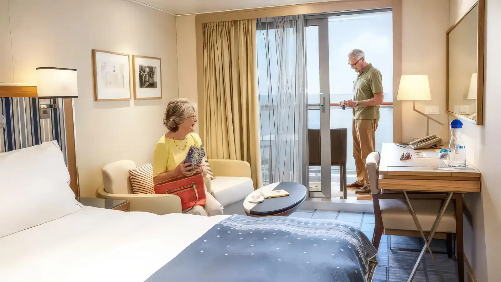 A light Scandinavian-styled veranda stateroom on a Viking ocean ship