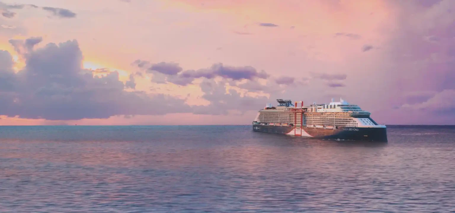 A cruise ship sailing the Mediterranean near the Italian coast